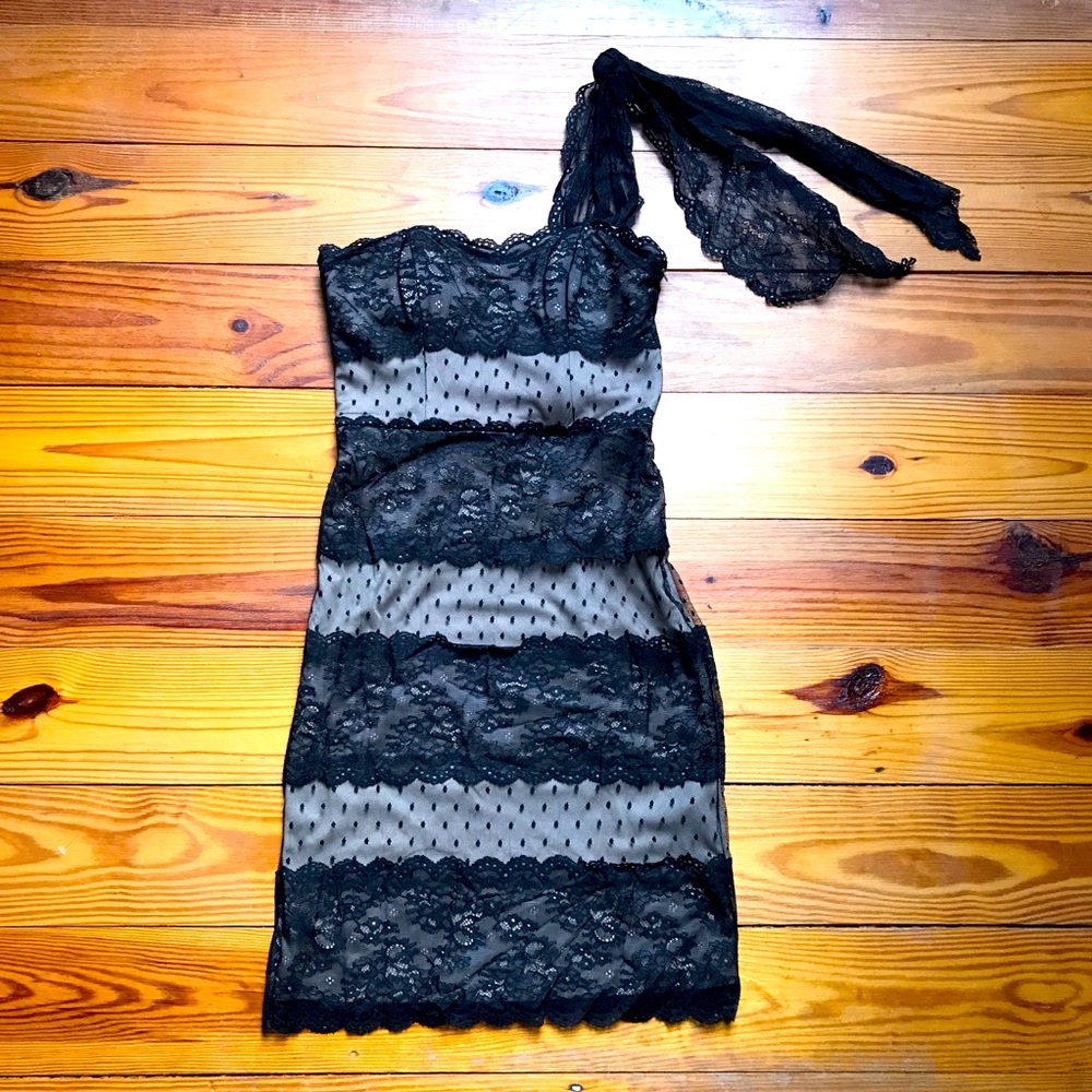 Betsey Johnson Black Lace Strapless One Shoulder Dress, EUC, 4